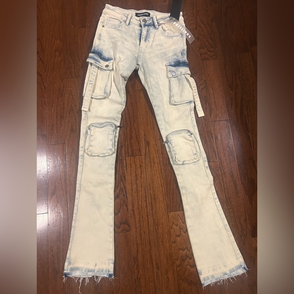Pheelings men stacked jeans size 28 tan stone wash denim